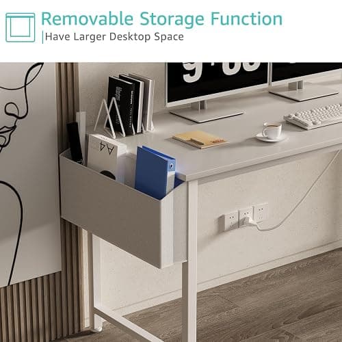 Lufeiya White Computer Desk with Power Outlet, 55 inch Teen Study Table Home Office Work Writing Gaming Desks with Charging Station Outlets Built in, White thumbnail 5