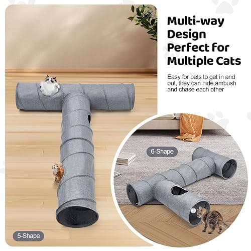 Cat Tunnel, 3 Straight Shaped Tunnels 6 DIY Shapes with Wand Toys, No Noise Scratch Resistant Cool Linen Fabric, Interactive Pet Tunnel Tube for Indoor Cats, Puppy and Rabbits thumbnail 4