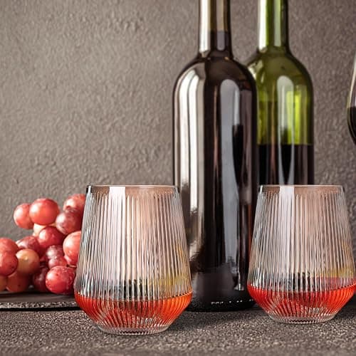 Ausune 6 Pack 460ml Ribbed Wine Glasses, Juice Cocktail Glasses Drinking Glassware Origami Style Fluted Ripple Beverage Tumblers Set, 15.55oz Vintage Stemless Cups for Home, Restaurant, Events & Part thumbnail 2