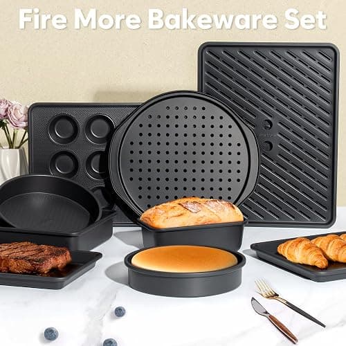 10-Piece Nonstick Bakeware Set, 0.8MM Thick Carbon Steel Baking Pan Set for Oven with Cookie Sheet, Muffin Pan, Pizza Pan, Loaf Pan and Cooling Rack, Stackable Kitchen Baking Set, PFOA/PTFE Free thumbnail 2