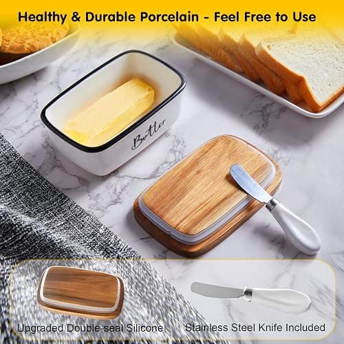 Ceramic Butter Dish with Lid and Knife for Countertop, Airtight Butter Keeper for Counter or Fridge, Butter Container with Thick Acacia Wood Lid, for Farmhouse Kitchen Decor and Accessories, White thumbnail 4
