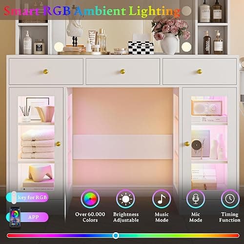 Wodeer Makeup Vanity Desk with Mirror and Lights, White Vanity with Glass Top, LED Lights & Power Outlet, 3 Drawers & 2 RGB Glass Cabinets, Adjustable Lighted Dressing Table for Women & Girls Bedroom thumbnail 3