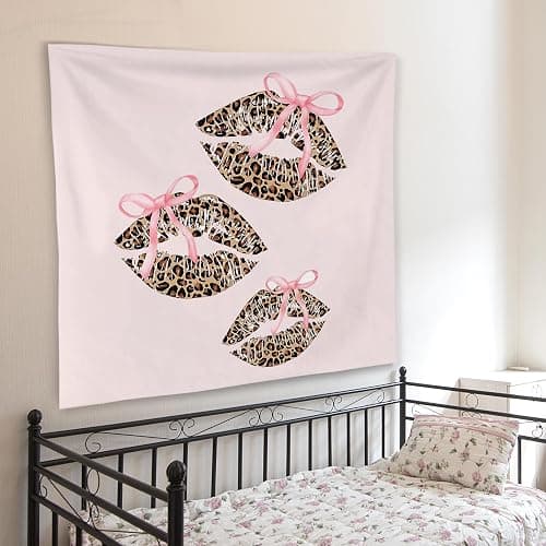 WNAGT Pink Coquette Bow Leopard Lips Tapestry Wall Hanging, Preppy Trendy Cheetah Print Kiss Lips Wall Blanket Decor for Girls Bedroom College Dorm Apartment Home, 50x60 Inch thumbnail 4