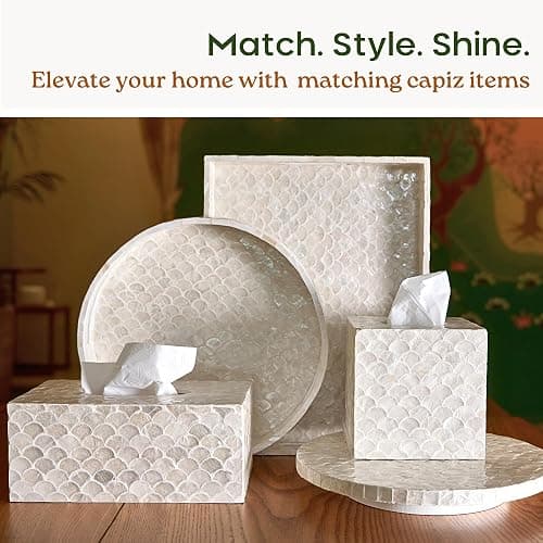 CHI AN HOME 5.8” Capiz Tissue Box Cover, Square Decorative Tissue Holder with Bottom Slider, Handmade Bathroom Accessories, Elegant White Cube for Vanity, Bedroom, Office & Coastal Décor (Natural) thumbnail 8