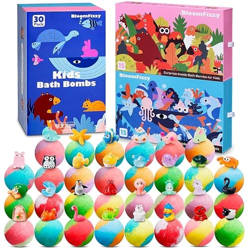 30 Kids Bath Bombs with Surprise Inside – Gift Set with 30 Unique Land & Sea Animal Toys, Fun, Educational, and Child-Safe Natural Bath Bombs with Toys, Great Gift for Kids’ Birthdays & Christmas - Image 1