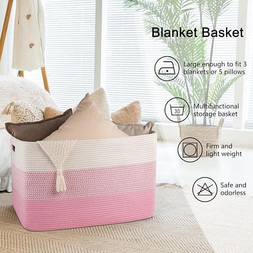 OIAHOMY 108L Super Large Blanket Basket For Living Room, 25”x16”x16” Rectangle Woven Baskets For Storage, Toy Storage with Handle - Pink&White thumbnail 6