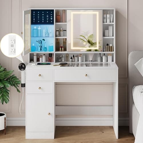 Wodeer Makeup Vanity Desk with Mirror and Lights, White Vanity with Glass Top, Jewelry Storage, Power Outlets, 3 Drawers & 2 Cabinets, Adjustable LED Lighting, Dressing Table for Women & Girls Bedroom thumbnail 7