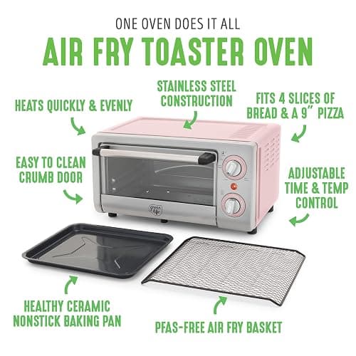 GreenLife Countertop Toaster Oven Air Fryer Stainless Steel, Healthy Ceramic Nonstick, PFAS Free, Tray & Basket, Bake, Broil, Reheat, Adjustable Temp & Time Control, Auto Shutoff, Pink thumbnail 4