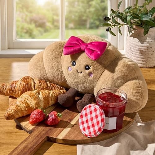 OHS Bow Croissant Plush Decorative Pillows, Throw Pillow Stuffed Toy Novelty Cushions for Sofa Bed Cuddle Cushion Cute Room Decor Plush Pillow for Kids Adults, Natural/Hot Pink - 35 x 18cm thumbnail 2