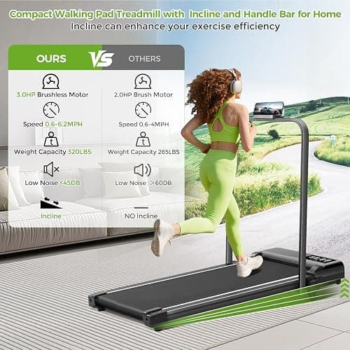 Walking Pad with Incline and Handle Bar, 3.0HP Portable Electric Compact Walking Pads Treadmills with Handles for Home Small Spaces, Small Treadmill with Incline, 320 lbs Capacity, 0.6-6.2MPH thumbnail 2