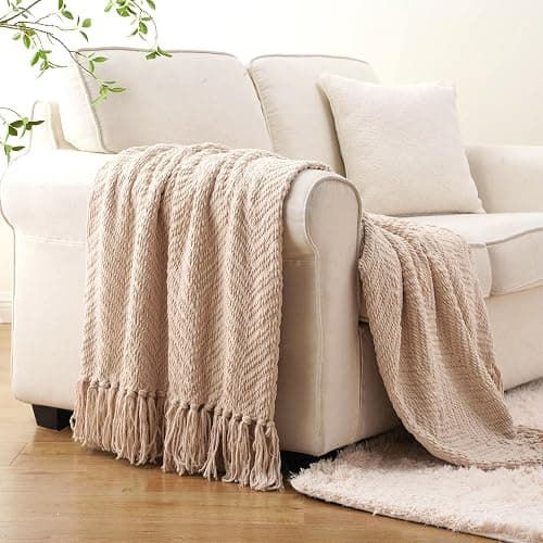 BATTILO HOME Beige Throw Blanket for Couch, Knitted Beige Throw for Bed, Neutral Throw Blankets Tan Throw Blanket for Room Decor Housewarming Gifts, 50" x 60" thumbnail 6