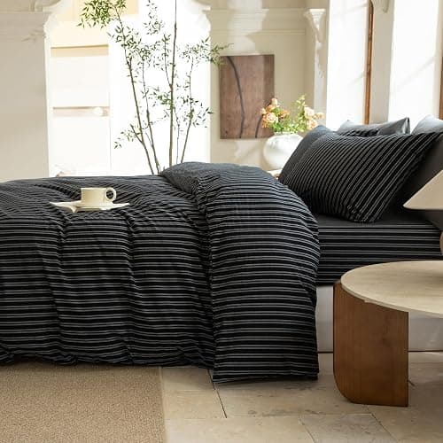 BESTDESIL Striped Duvet Cover Set 100% Washed Cotton Linen Like Soft Feelling Breathable Bedding(Strip-Black/White,King) thumbnail 4