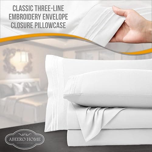 Abeero Home Queen Sheet Set - Luxury Hotel Bed Sheets - Soft Cooling Sheets with Elastic Corner Straps - Deep Pockets Microfiber Bedsheet - Bedding Sheet & Pillowcases - 4 Piece (Queen Size, White) thumbnail 4