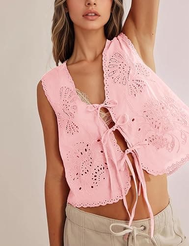 Peaceglad Womens Vest Top Trendy Floral Embroidered Eyelet Tie Front Tops Fashion Crochet Lace Hollow Out Vests thumbnail 2