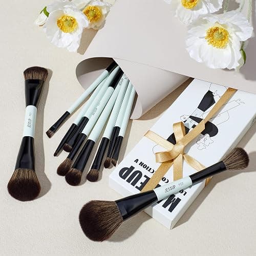 Jessup Makeup Brushes Set 10pcs, Double Sided Foundation Contour Blush Highlight Blending Eyebrow Brush Eyeshadow Eyeliner Concealer Brush, Bright Cyan Cruelty Free Cosmetic Tools T500 - 10pcs-T500 thumbnail 6