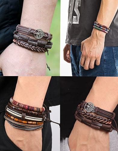 Tornito 15Pcs Braided Leather Bracelet Boho Cuff Wrap String Wood Bead Woven Ethnic Stretch Wristbands Bracelets Set for Men Women Size Adjustable - B:15Pcs(Black) thumbnail 4