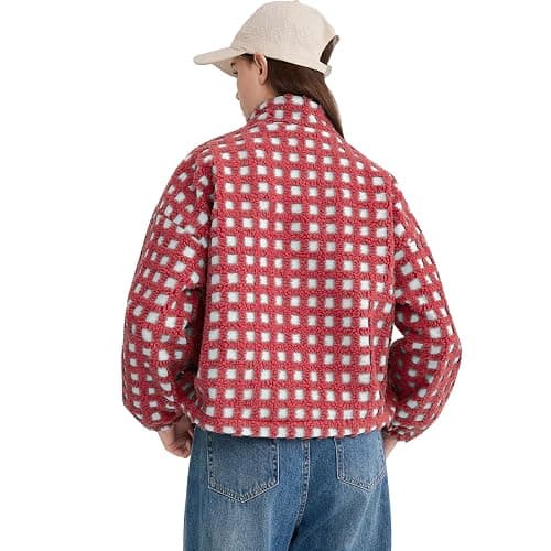 Oymyakon Women Checkered Sherpa Jacket Cropped Long Sleeve Fuzzy Plaid Fleece Coats Casual Zip Up Gingham Outwear thumbnail 6