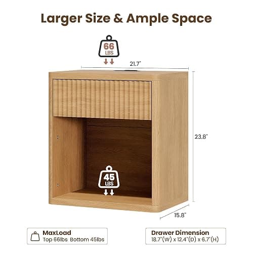 Fluted Nightstand Set of 2 with Charging Station, 21.7" Wide Modern Bedside Table with 1 Drawers Open Storage Cabinet, Wooden End Table for Bedroom, Natural Oak thumbnail 2