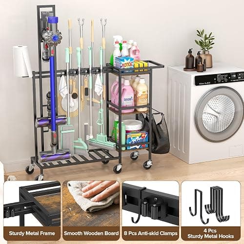 Housolution Cleaning Utility Cart on Wheels, Multifunctional Cleaning Tools Supplies Organizer with Broom and Mop Holder, Vacuum Stand Compatible with Dyson, Rolling Storage Cart for Home thumbnail 6