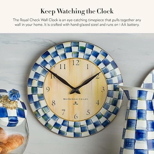MACKENZIE-CHILDS Wall Clock, Decorative Clock for Kitchen and Living Room, Blue-and-White Royal Check thumbnail 2