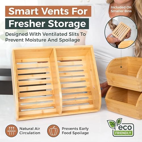 Potato and Onion Storage Bin for Pantry and Kitchen Counter - Ventilated Stackable Bamboo Organizer Baskets with Handles - Multipurpose Organization Containers for Fruit, Vegetable, Pantry - 3 Pack thumbnail 5