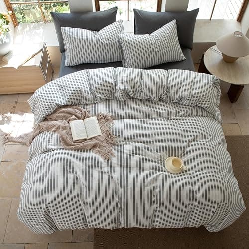 BESTDESIL Striped Duvet Cover Set,100% Washed Cotton Line Like Breathable Trendy Bedding Set(Strip-White/Black,Full) thumbnail 7