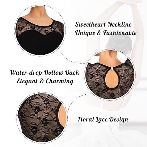 Women Ballet Lace Short Sleeve Dance Leotard Tank, Hollow Back Dancewear thumbnail 3