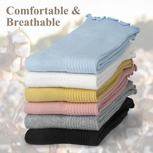 6 Pairs Cute Floral Ruffle Crew Socks Women, Breathable Cotton Novelty Casual Girls Above Ankle Funny Socks US 5-10 thumbnail 6