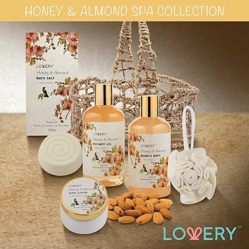 Christmas Gift Baskets for Women Gifts for Women Who Have Everything, Home Spa Honey & Almond Scent, Luxury Bath & Body Set - Shower Gel, Bubble Bath, Body Lotion, Salts, Bath Bomb, Bath Puff. thumbnail 7