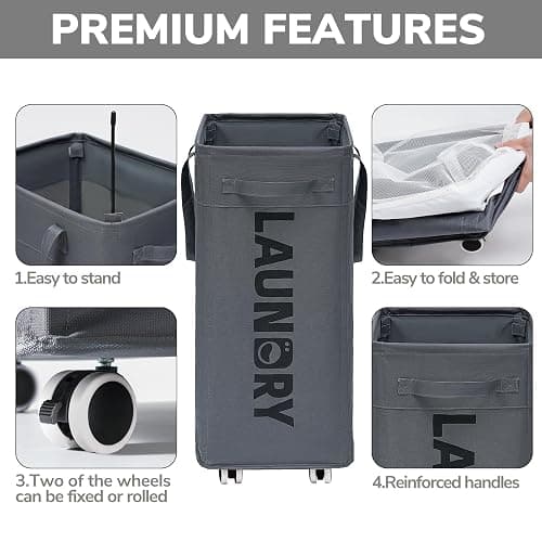 Goodpick 75L Laundry Basket with Wheels & Removable Wash Bag, Large Rolling Laundry Hamper for Clothes, Dorm Room Essentials, Grey thumbnail 5