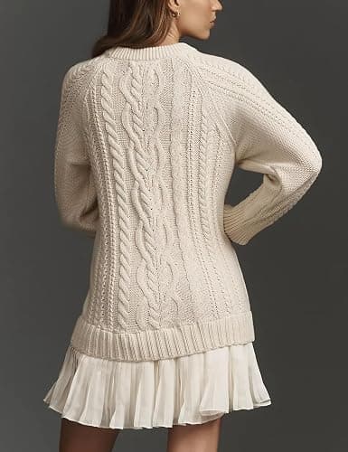 MINSURE Women Cable Knit Sweater Dress Crewneck Long Sleeve Pleated Mini Dress Twofer Style Patchwork Dress thumbnail 2