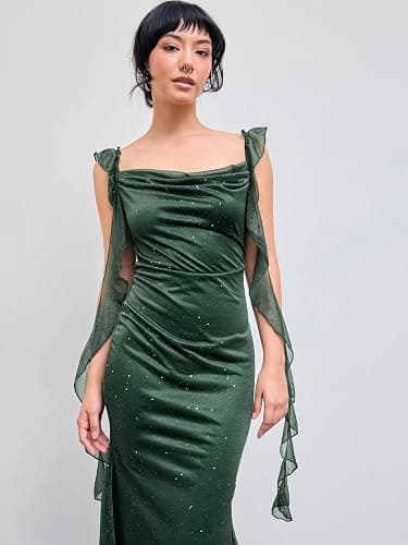 CIDER Summer Maxi Dress Wedding Guest Cowl Neck Glitter Ruffle Hem Bodycon Party Slim Formal Sleeveless Dress thumbnail 4