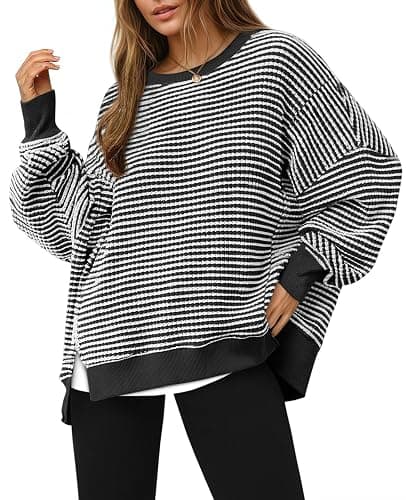 Fisoew Women's Fall Oversized Sweatshirt Casual Waffle Knit Long Sleeve Crewneck Split Pullover Tunic Tops - Image 1