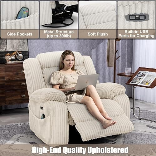 SINCRUMI Power Swivel Rocker Recliner Chair for Adults with Massage and Heat, USB and Type-C Charging Port, Infinite Position, Electric Glider Rocking Chairs for Living Room, Nursery, Pale Grey thumbnail 6