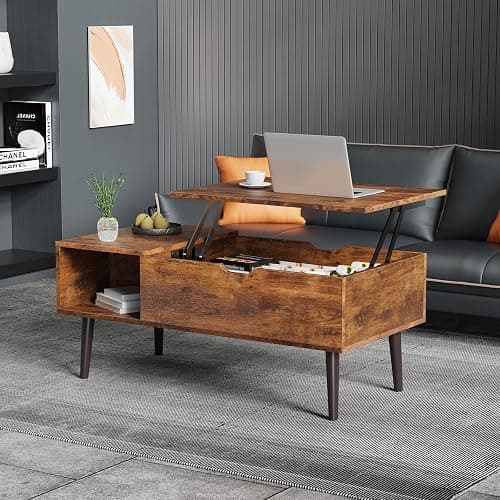 Sweetcrispy Lift Top Coffee Tables for Living Room, Small Rising Wooden Center Tables with Storage Shelf and Hidden Compartment, Brown | Lift Top, Coffee Tables, for Living Room, Rising, Dining Center Tables, with Storage Shelf thumbnail 2