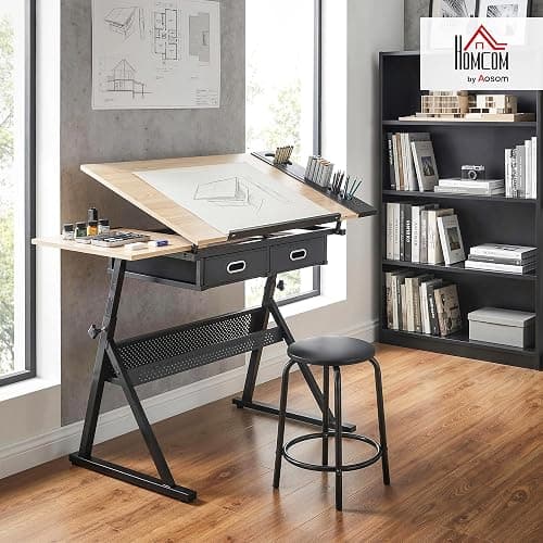 HOMCOM Adjustable Drafting Table, Art Desk Drawing Table Workstation with Stool and Storage Drawers for Painting, Multifunctional Writing Desk, Oak thumbnail 2