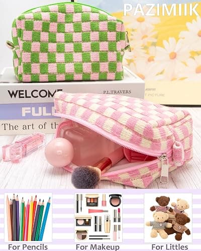 PAZIMIIK Checkered Makeup Bag for Purse Portable Zipper Make Up Pouch Small Cosmetic Case for Travel Accessories Pink Beige thumbnail 4