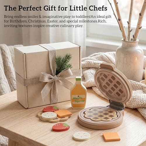 WOODENFUN Wooden Pretend Play Toy Waffle Maker Play Kitchen Accessories | Montessori Breakfast Play Food Set Birthday Gifts for 2 3 4 Years Old Toddlers Boys Girls thumbnail 6