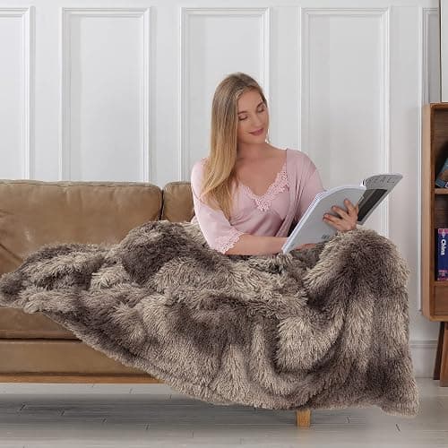 Tuddrom Decorative Extra Soft Faux Fur Blanket Queen Size 80" x 90", Solid Reversible Fuzzy Long Hair Shaggy, Fluffy Plush Fleece Comfy Microfiber Fur for Couch, Sofa, Bed, Tie Dye Brown thumbnail 3