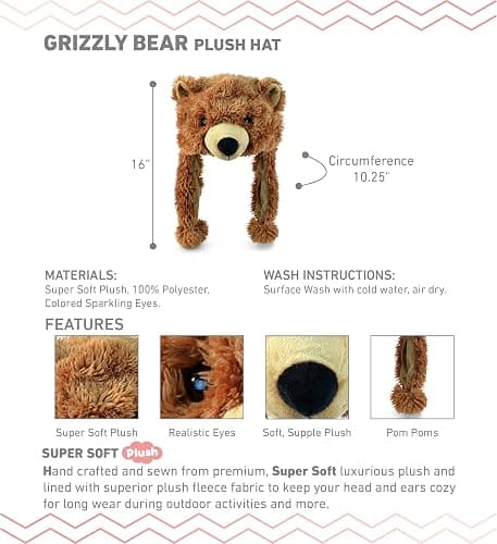 Puzzled Brown Grizzly Bear Hat - Soft Plush Animal Beanie with Ear Flaps, Cozy Fleece, Warm Winter Hat for Kids, Teens, Adults - One Size thumbnail 2