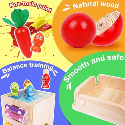 Montessori Jouet Bebe 1 an |9 en 1 Cube d'activités motrices dès 1 an |frapper la balle,Formes À Trier Empiler Jeu,Jouet de Récolte de Carottes,Jouet en Bois pour Cadeau Fille Garcon Bébés 2 3 4 Ans thumbnail 9