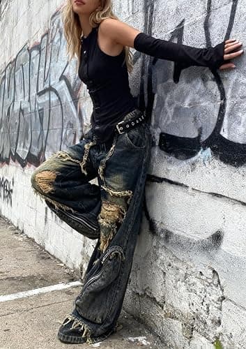 Y2k Retro Niche Baggy deconstruction Tassel Ripped Jeans Men's and Women's Large Pocket Design Sense Work Pants thumbnail 3