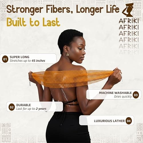 AFRIKI African Net Sponge – Exfoliating Body Scrubber, Black Owned & Rooted in Africa, All Skin Types | 45 in Long (Champagne Gold) thumbnail 3