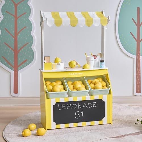 Teamson Kids Wooden Lemonade Stand, Yellow White, Age 3+ | For Toddlers, Pretend Play Grocery Shop, 18 Accessories, Juice Squeezer, Storage Bins thumbnail 5