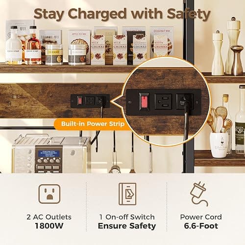 SUPERJARE Large Bakers Rack with Power Outlets, 6-Tier Microwave Stand, Coffee Bar with 12 S-Shaped Hooks, Kitchen Shelf with Wire Basket, 39.4 x 14.6 x 66.9 Inches, Rustic Brown thumbnail 4