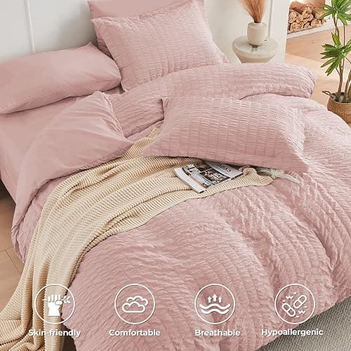 HYMOKEGE Rose Gold Queen Comforter Set, Seersucker Bed in a Bag Queen 7 Pieces, All Season Luxury Bedding Set with Comforters, Sheets, Pillowcases & Shams thumbnail 3