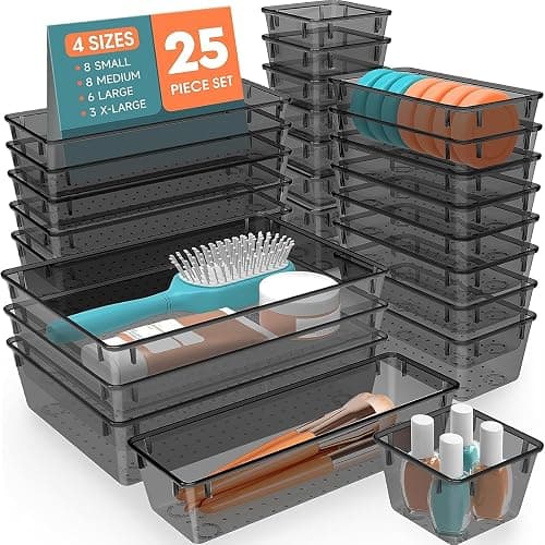 SpaceHacks 25 PCS Plastic Drawer Organizer Set, 4-Size Versatile Organizer Trays & storage Bins for Makeup, Jewelry, and Gadgets in Bathroom, Bedroom and Office,Clear Black - Image 1