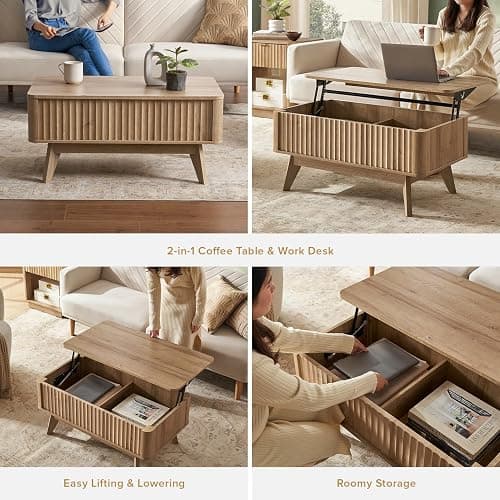 mopio Brooklyn Coffee Table, Lift Top Coffee Tables for Living Room, Mid Century, Modern Farmhouse Center Table with Lifting Top & Hidden Storage, Fluted Panel, Rising Pull Up (Oak Fluted) thumbnail 6