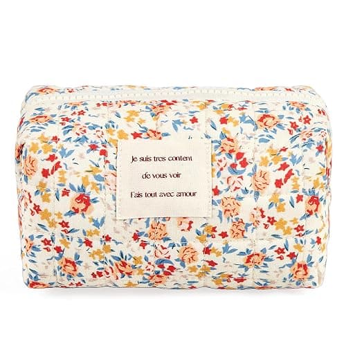 Sminra Floral Makeup Bag Small Cotton Quilted Cosmetic Makeup Bag Organizer, Aesthetic Portable Pouch Purse Toiletry Bag for Women Girls Travel accessories (Red Floral-S) - Red Floral-S - Image 1