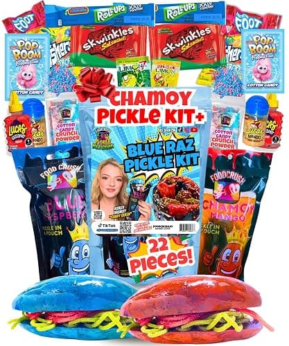 Chamoy Pickle Kit For 2 + Blue Raspberry Pickle Kit-(22 Pieces) Tiktok Candy Gift w Fruit Roll ups, skwinkles & other Mexican candy. Christmas gifts for kids, teen girl, boy - Image 1